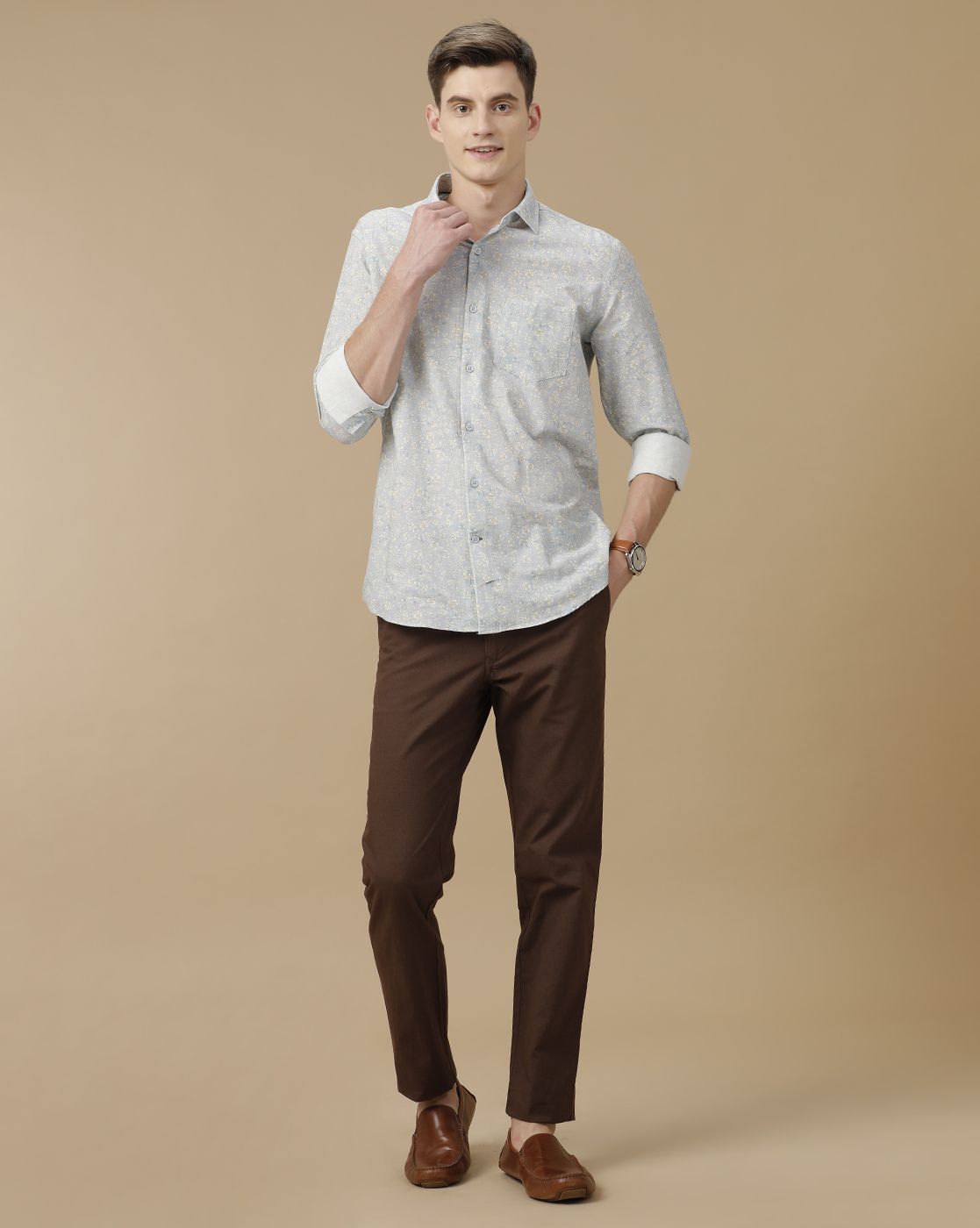 Mens Linen Brown Solid Contemporary Fit Casual Trousers