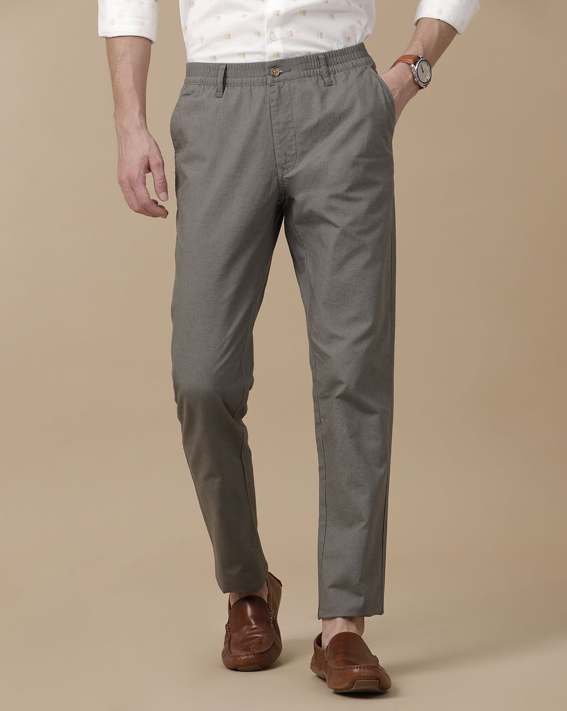 Mens Linen Grey Solid Contemporary Fit Casual Trousers
