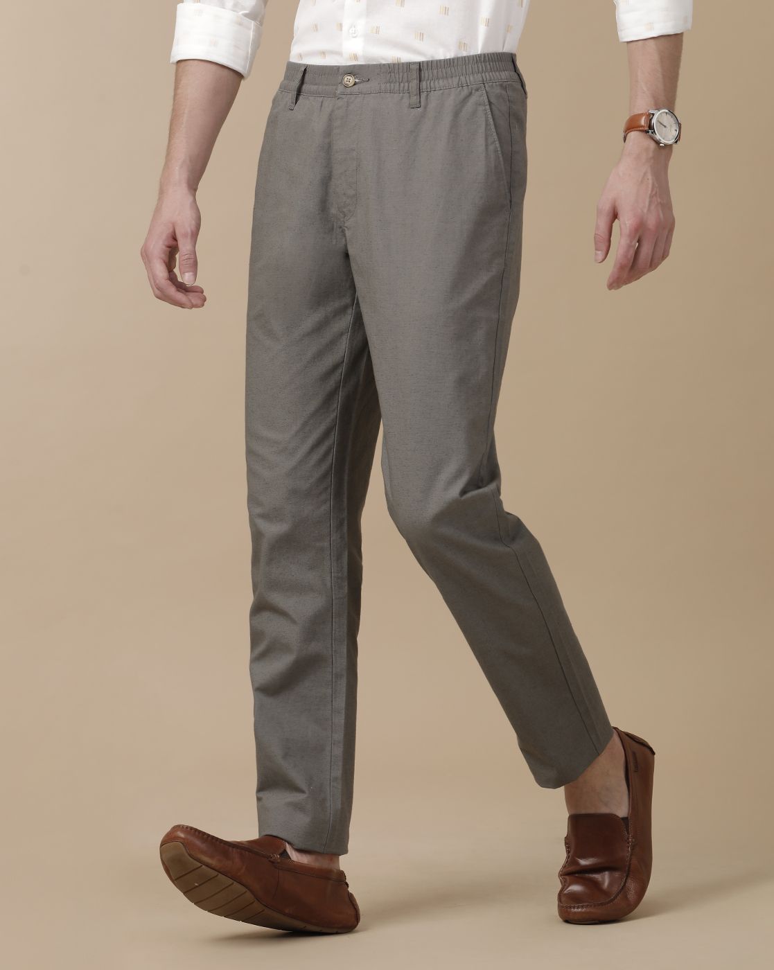 Mens Linen Grey Solid Contemporary Fit Casual Trousers