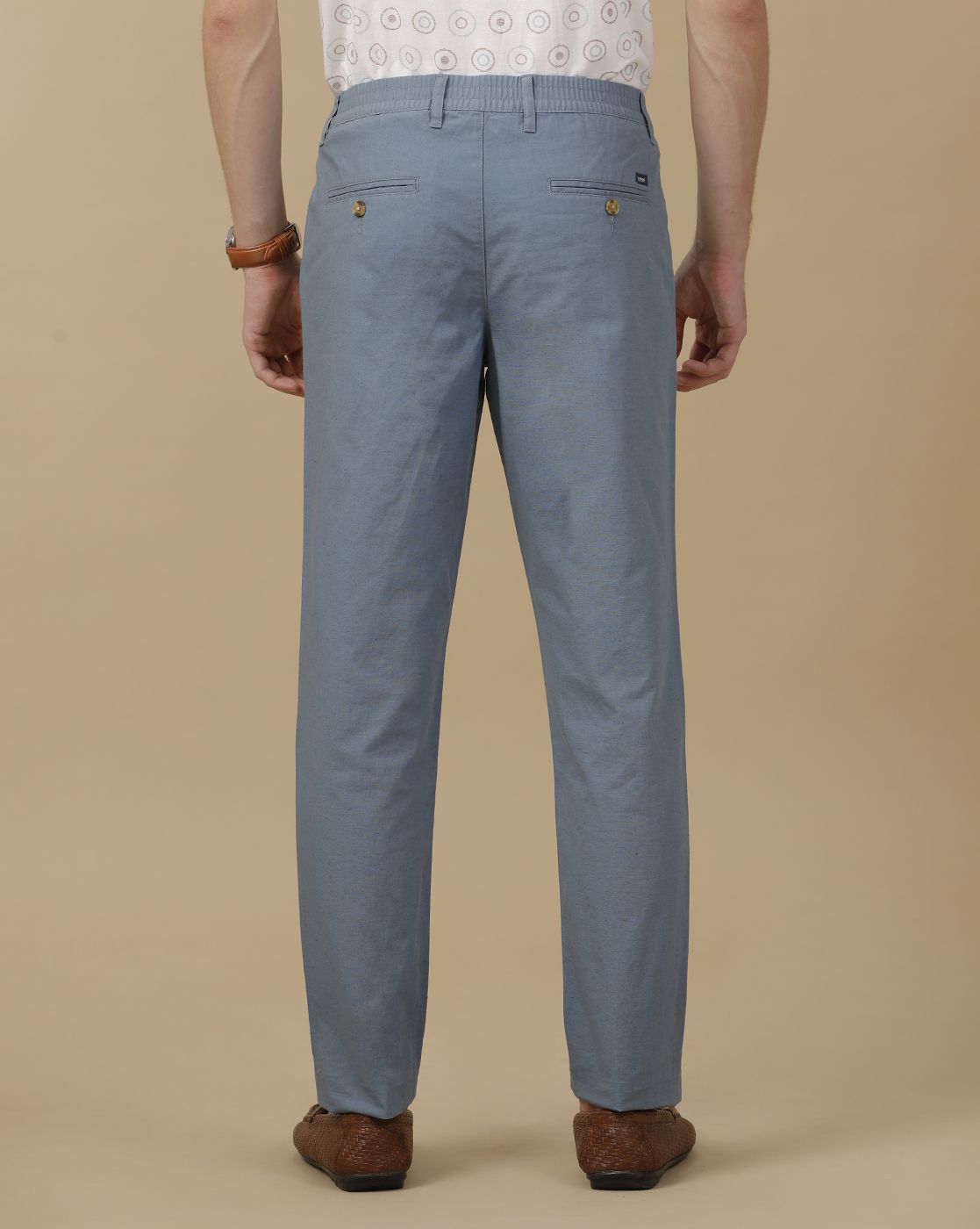 Mens Linen Blue Solid Contemporary Fit Casual Trousers