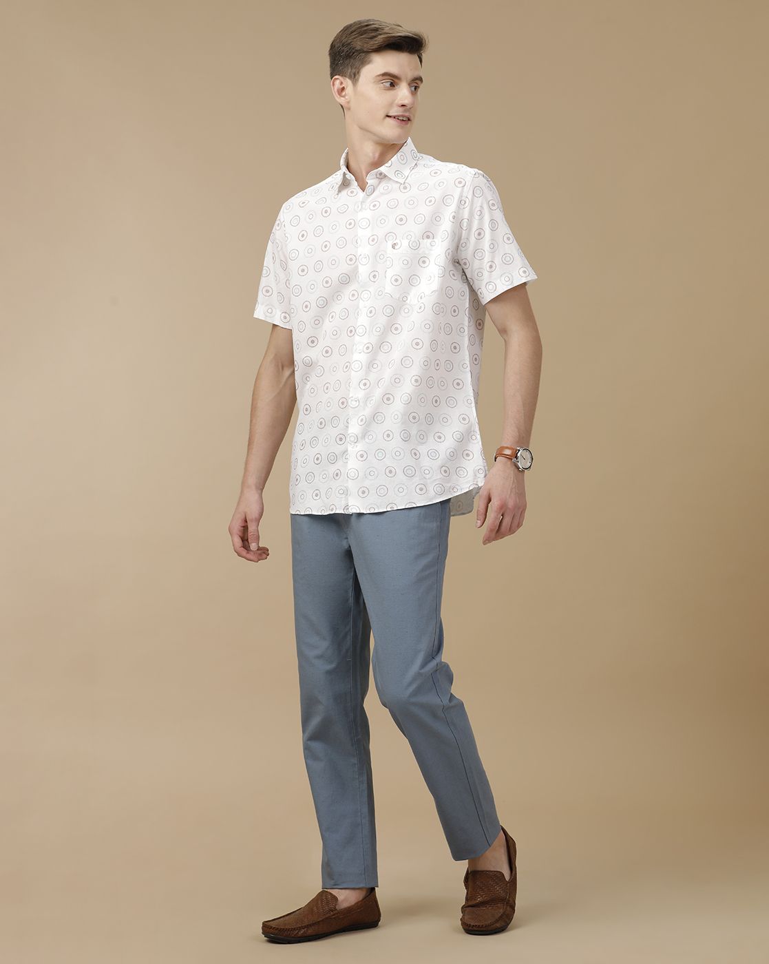 Mens Linen Blue Solid Contemporary Fit Casual Trousers