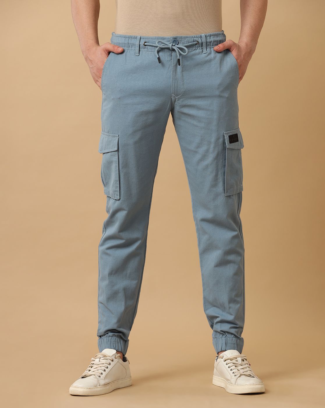 CAVALLO by Linen Club Men's Blue Solid Contemporary Fit Casual Cargo Trousers
