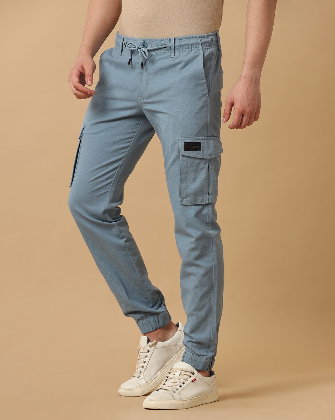CAVALLO by Linen Club Men's Blue Solid Contemporary Fit Casual Cargo Trousers