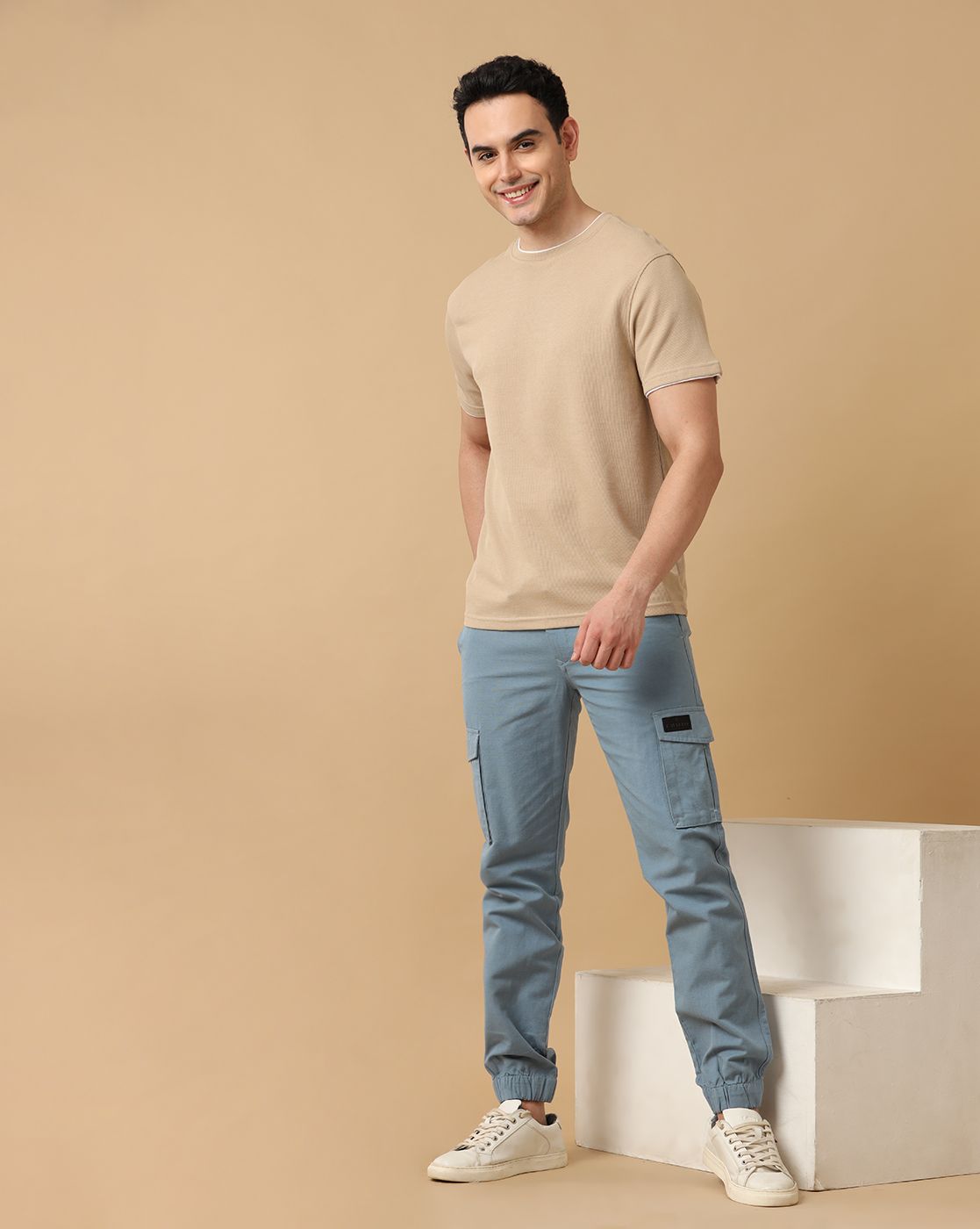 CAVALLO by Linen Club Men's Blue Solid Contemporary Fit Casual Cargo Trousers