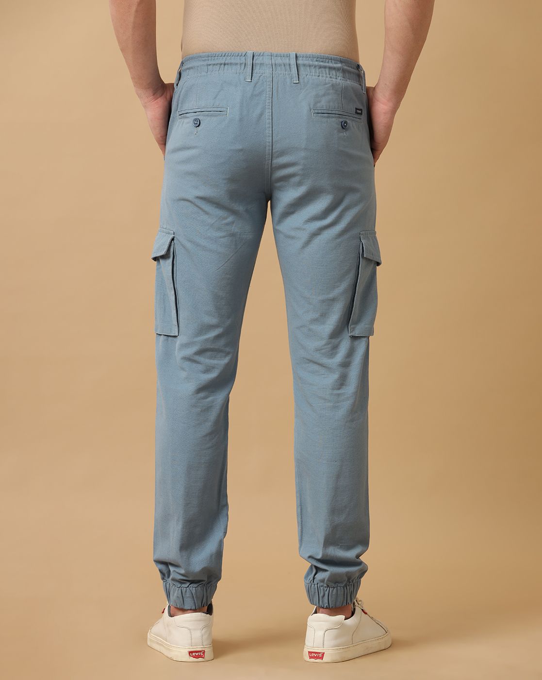 CAVALLO by Linen Club Men's Blue Solid Contemporary Fit Casual Cargo Trousers