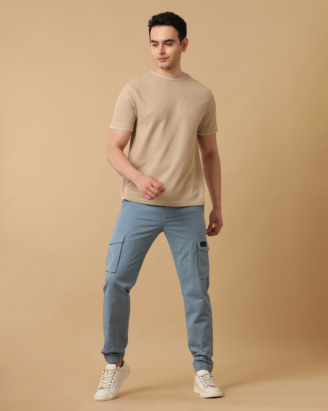 CAVALLO by Linen Club Men's Blue Solid Contemporary Fit Casual Cargo Trousers