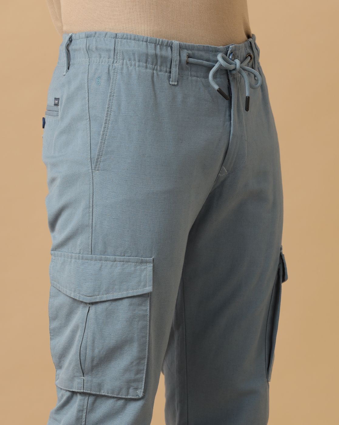 CAVALLO by Linen Club Men's Blue Solid Contemporary Fit Casual Cargo Trousers