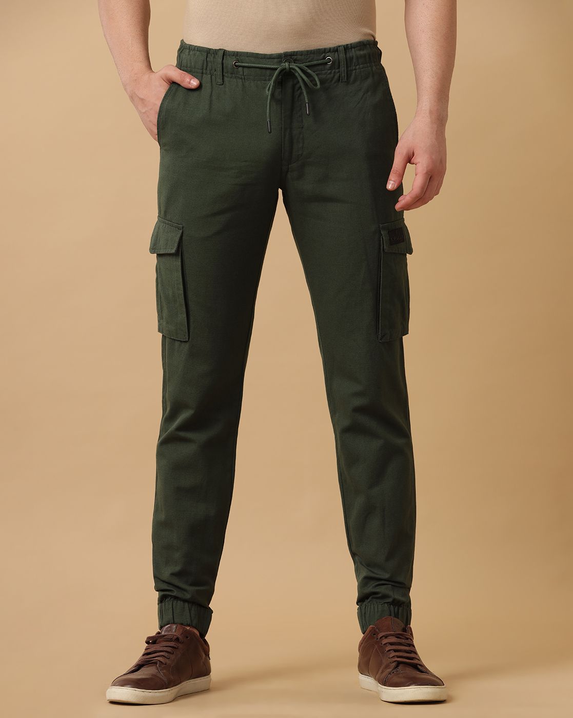Mens Linen Green Contemporary Fit Cargo Trousers