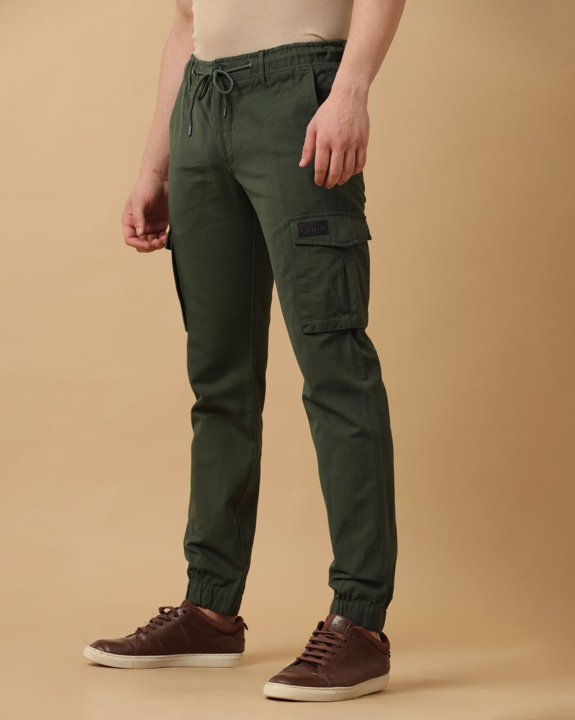 Mens Linen Green Contemporary Fit Cargo Trousers