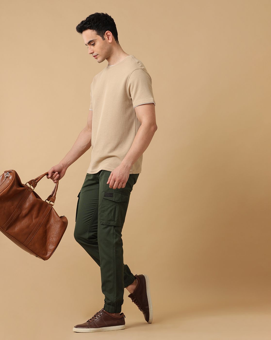Mens Linen Green Contemporary Fit Cargo Trousers