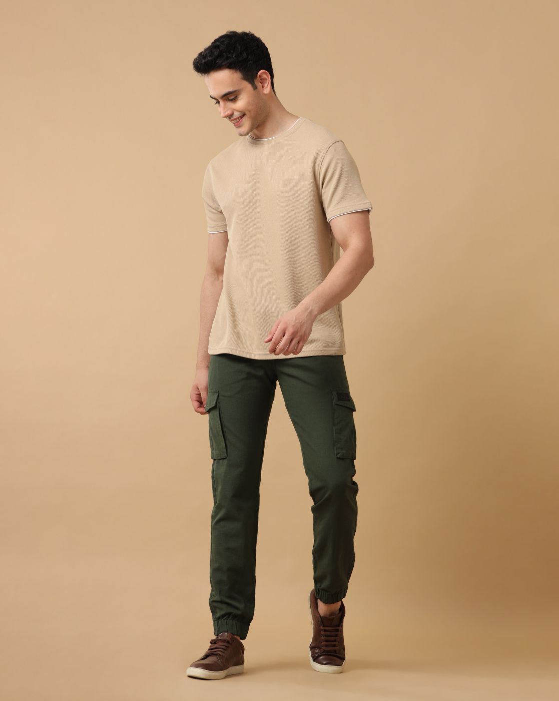 Mens Linen Green Contemporary Fit Cargo Trousers
