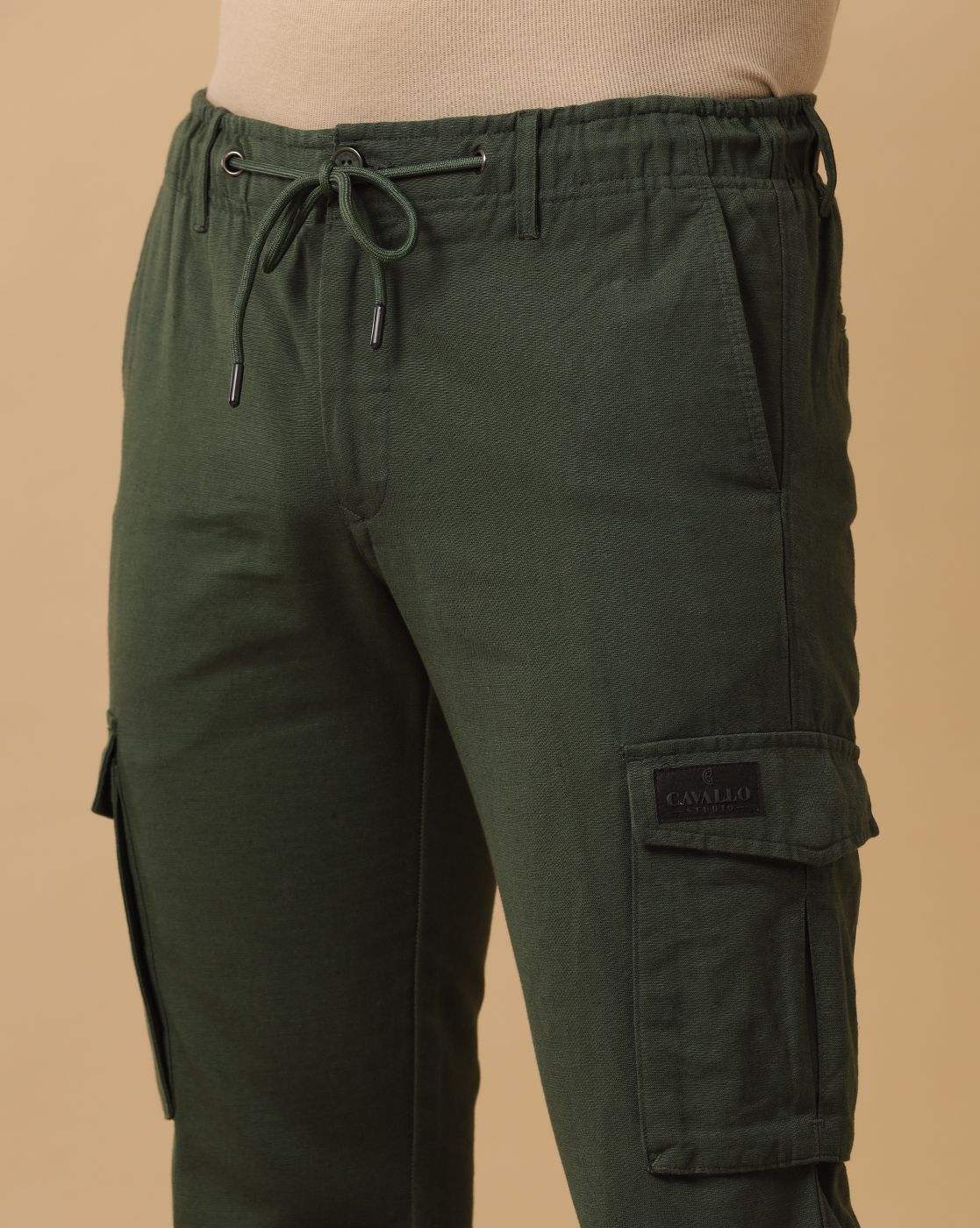 Mens Linen Green Contemporary Fit Cargo Trousers