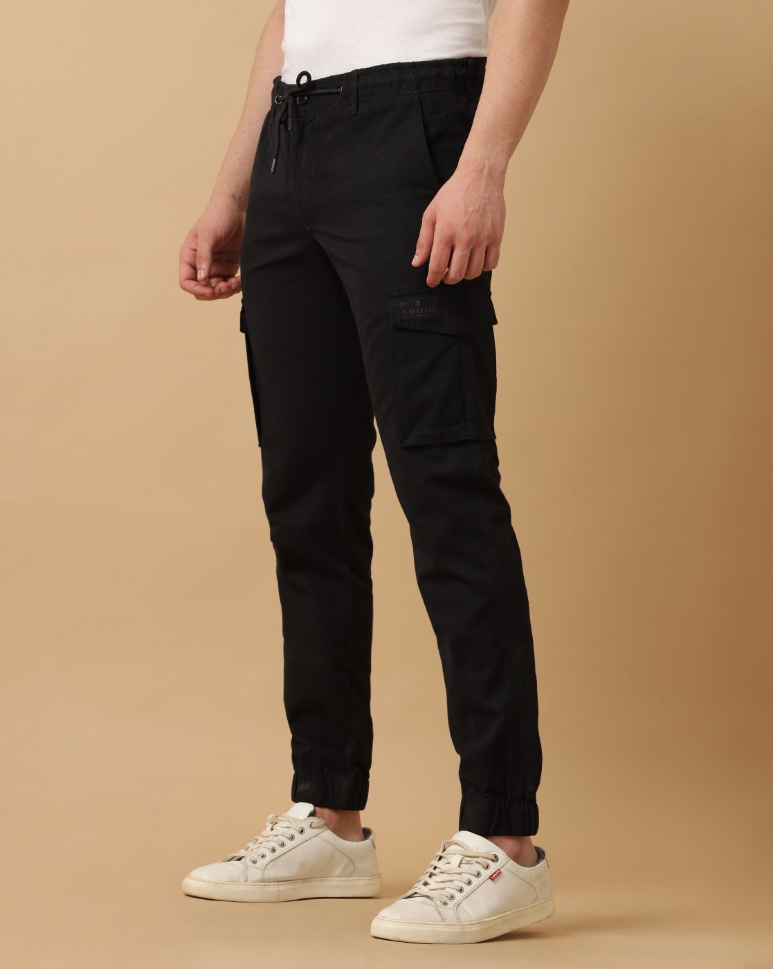 Mens Linen Black Contemporary Fit Cargo Trousers