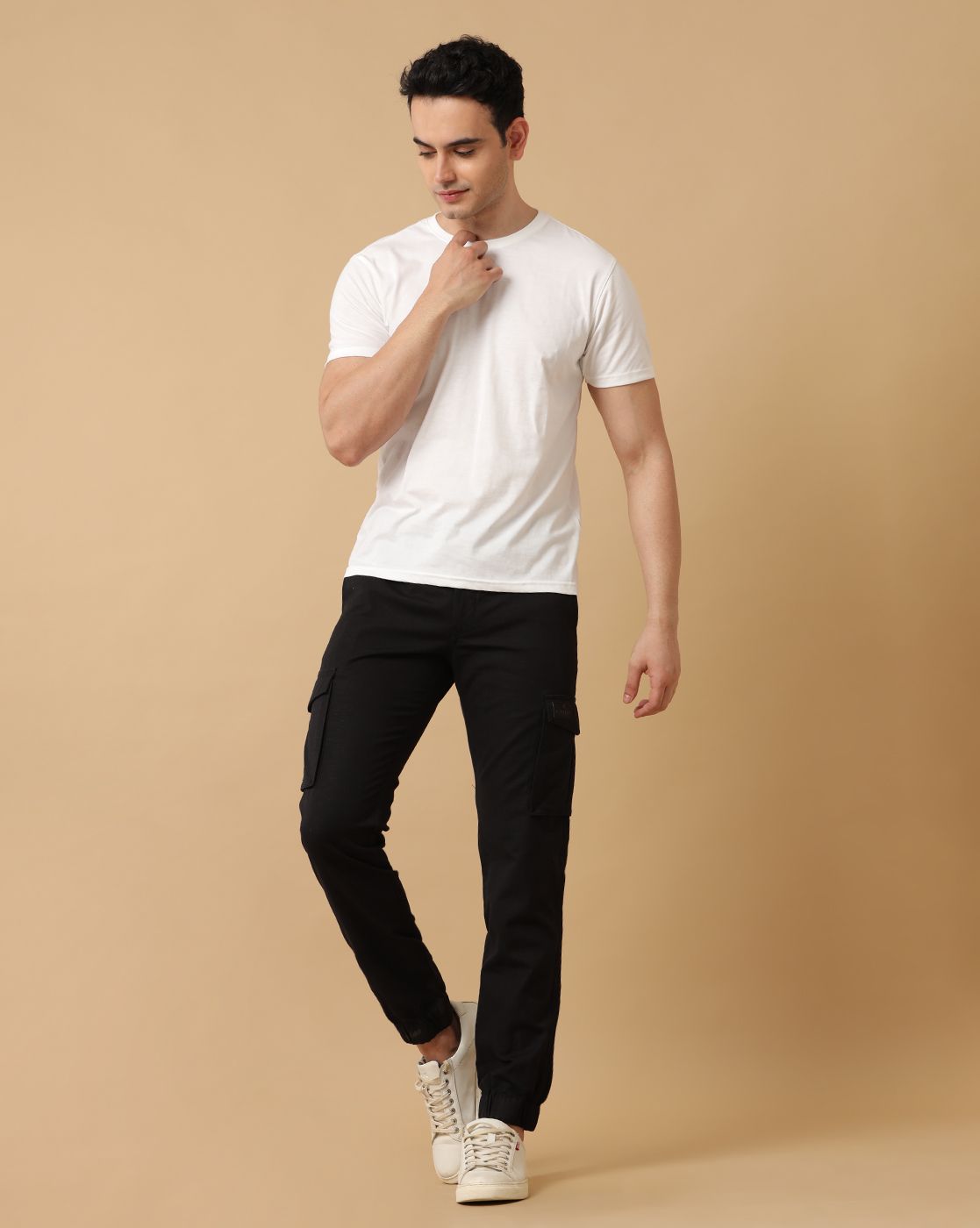 Mens Linen Black Contemporary Fit Cargo Trousers