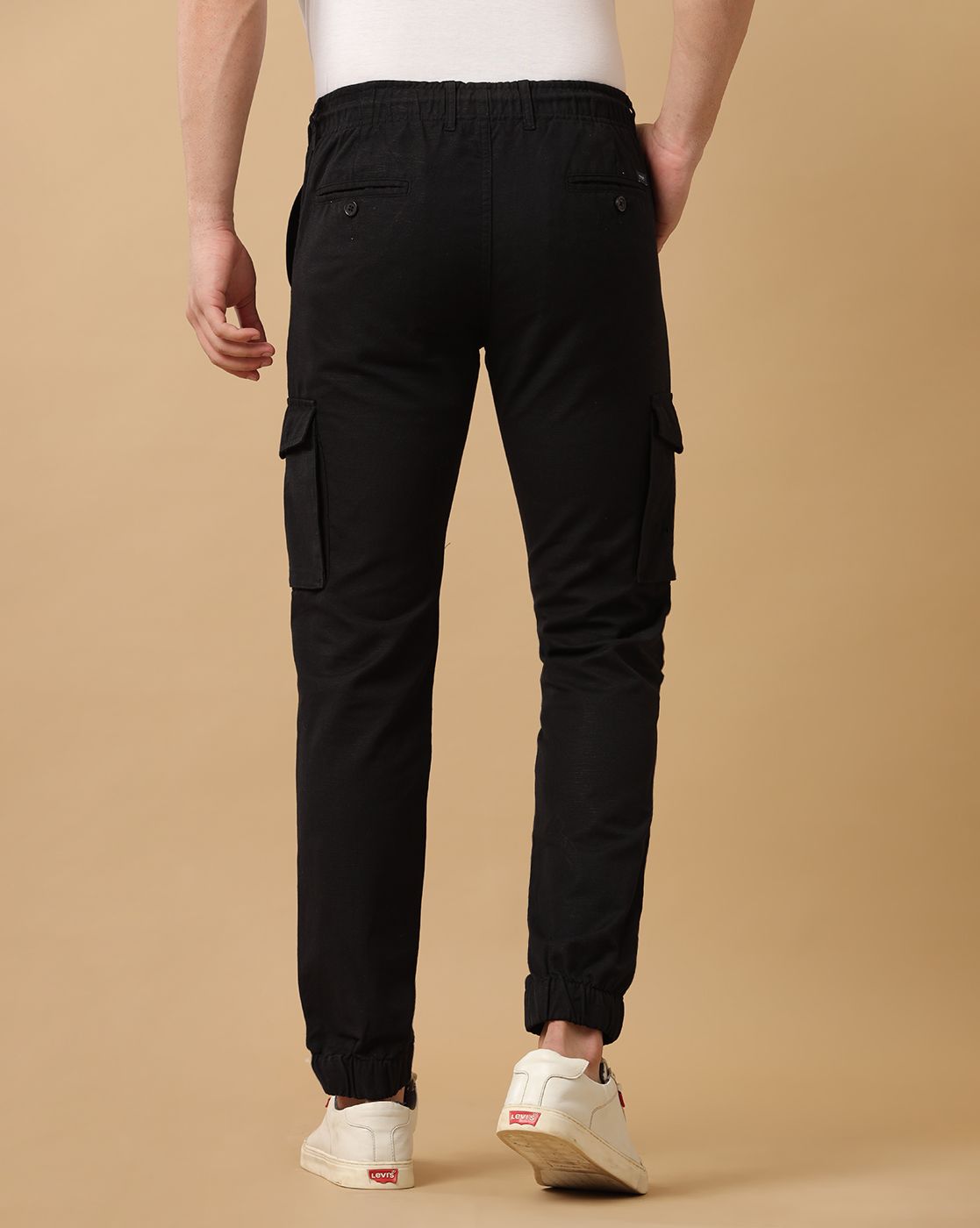 Mens Linen Black Contemporary Fit Cargo Trousers
