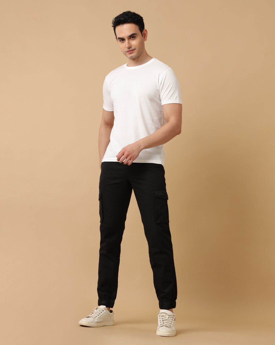 Mens Linen Black Contemporary Fit Cargo Trousers