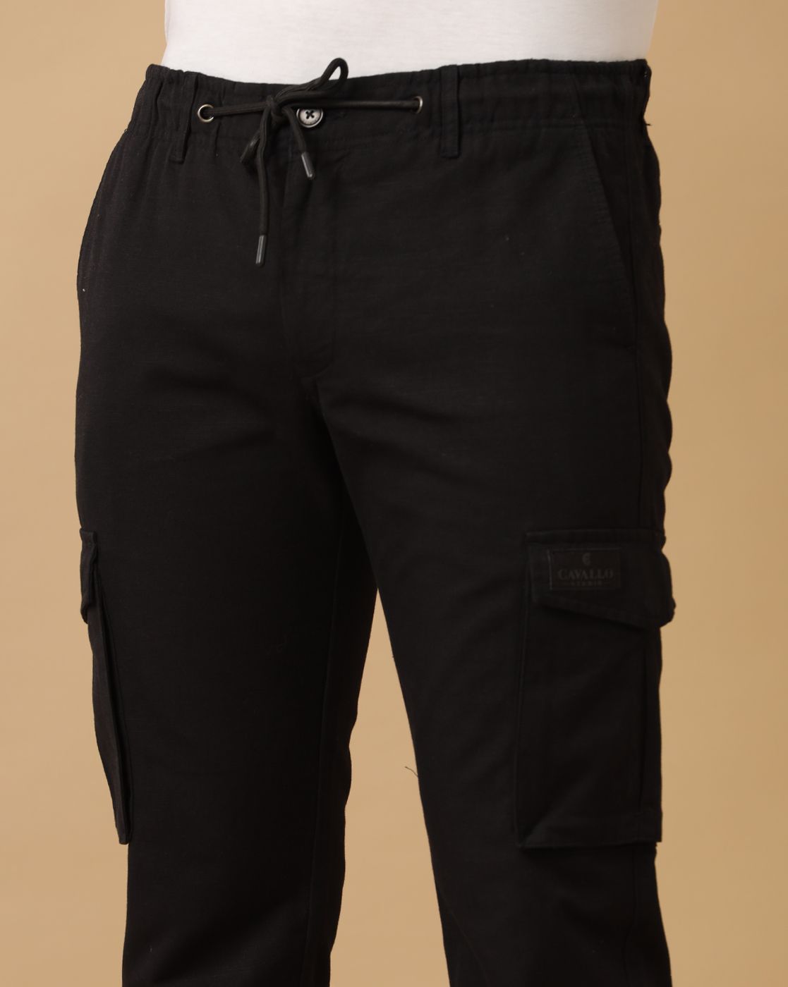 Mens Linen Black Contemporary Fit Cargo Trousers