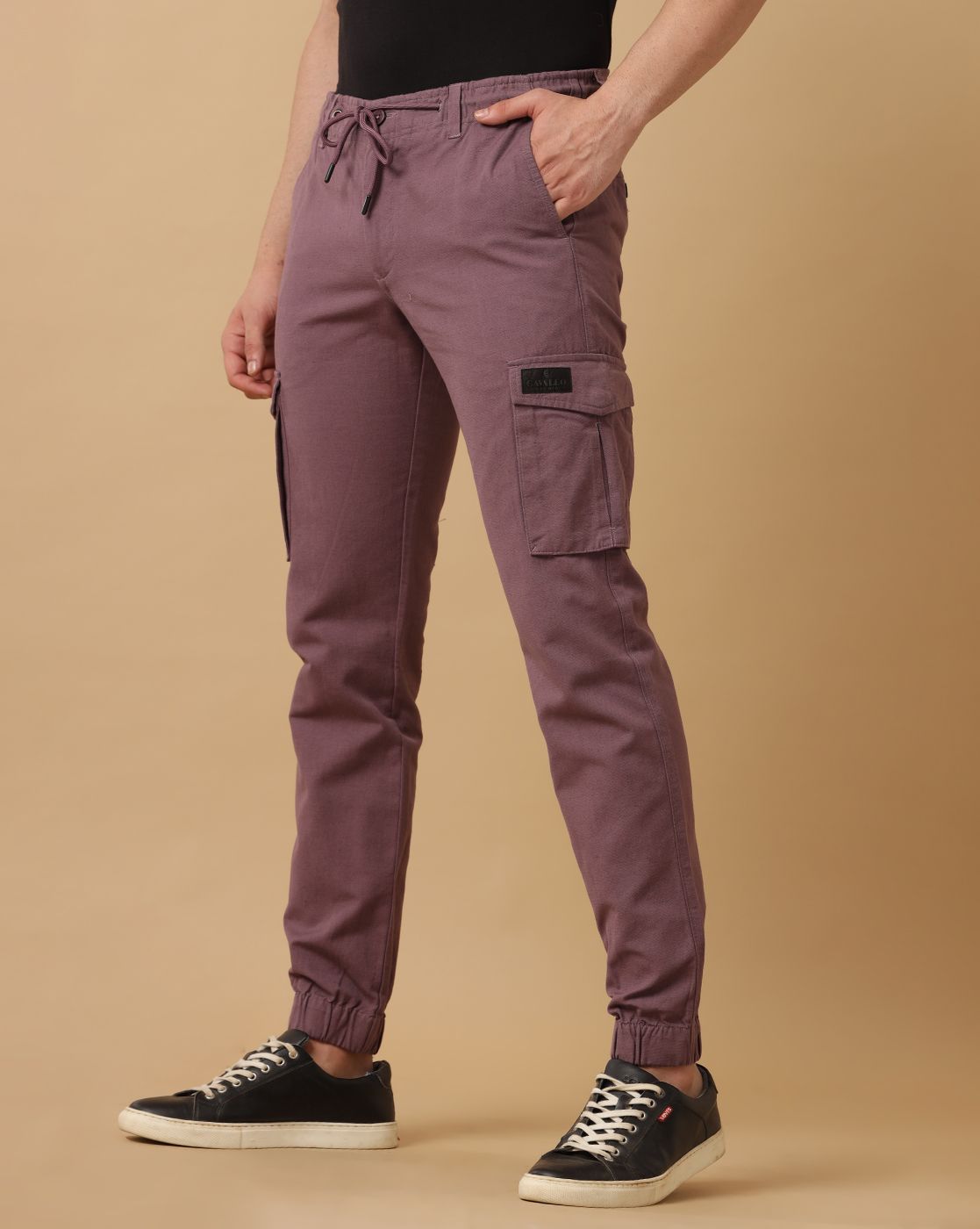 Mens Linen Purple Contemporary Fit Cargo Trousers