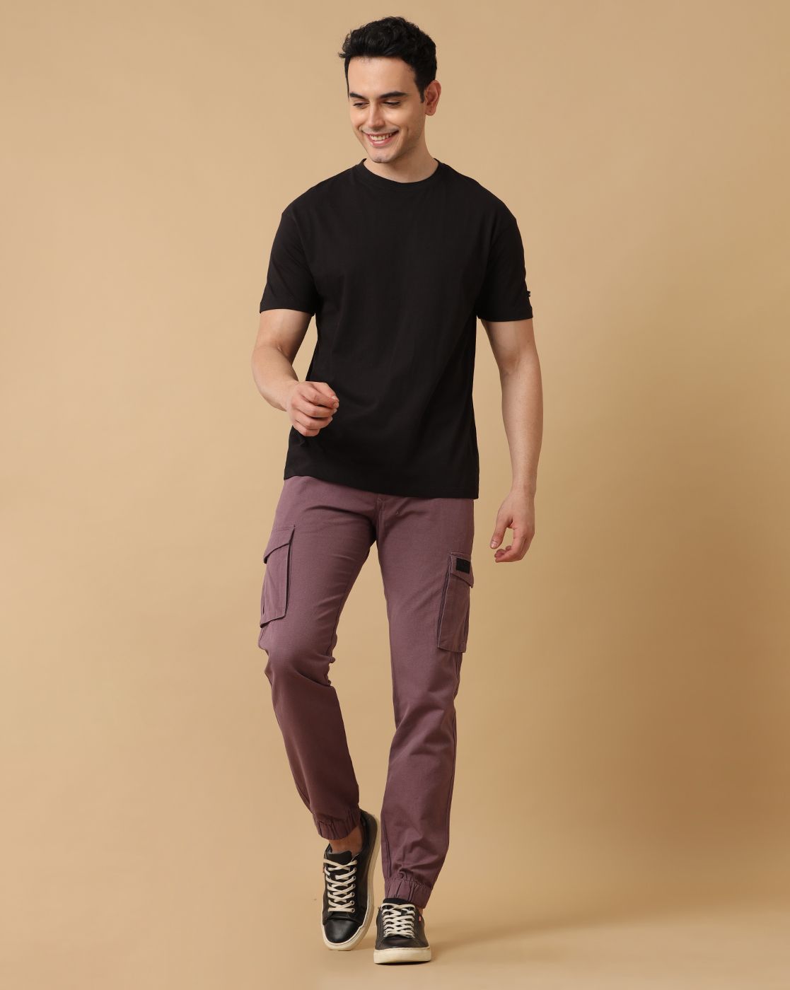 Mens Linen Purple Contemporary Fit Cargo Trousers