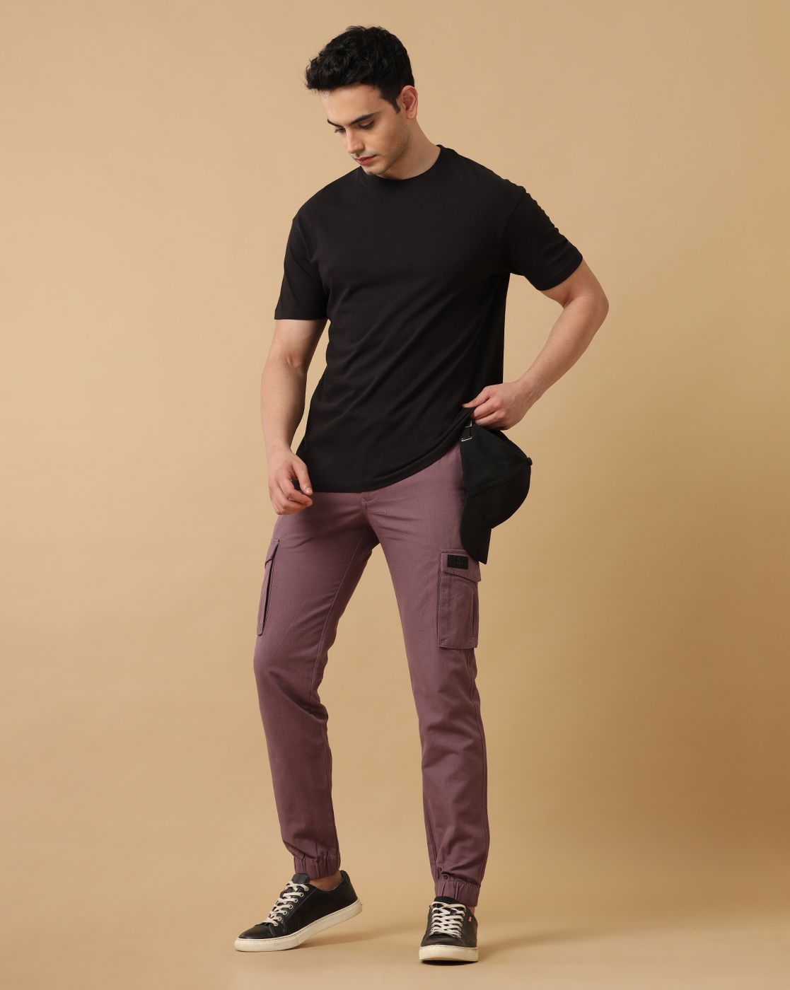 Mens Linen Purple Contemporary Fit Cargo Trousers
