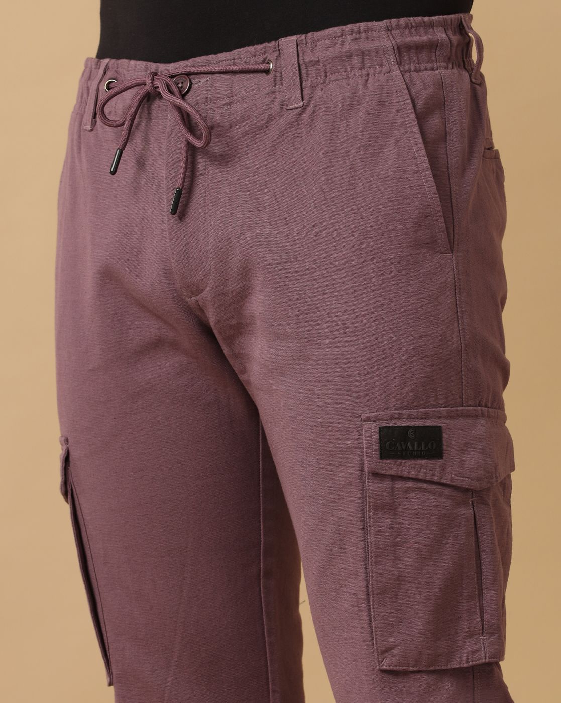 Mens Linen Purple Contemporary Fit Cargo Trousers