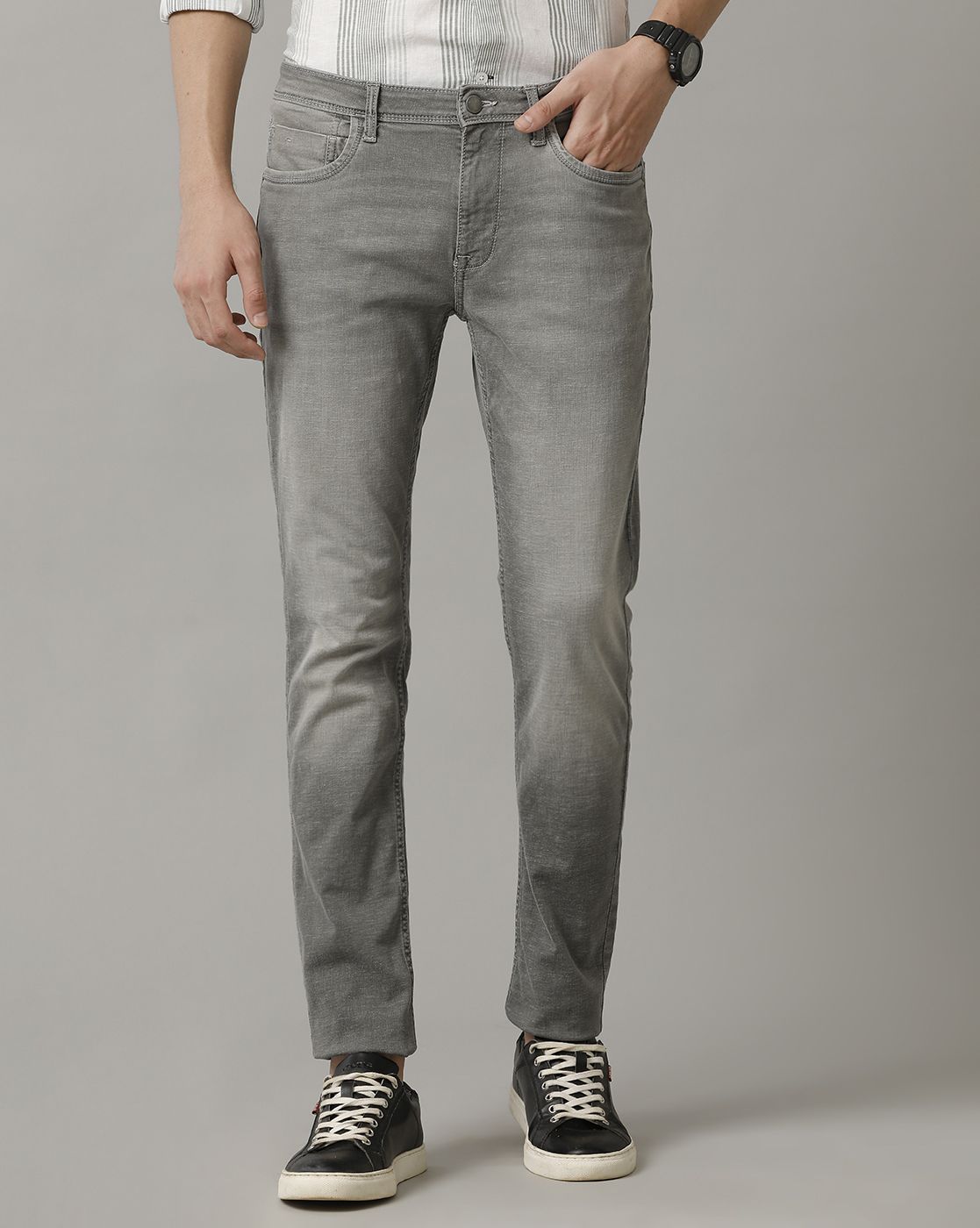 Cavallo by Linen Club Men's Blended Linen Grey Solid Skinny Fit Jeans