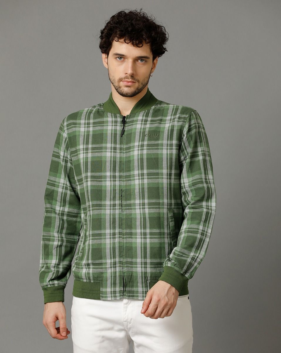 Cavallo by Linen Club Green Checked Full Sleeve Cotton Linen Jacket for Men