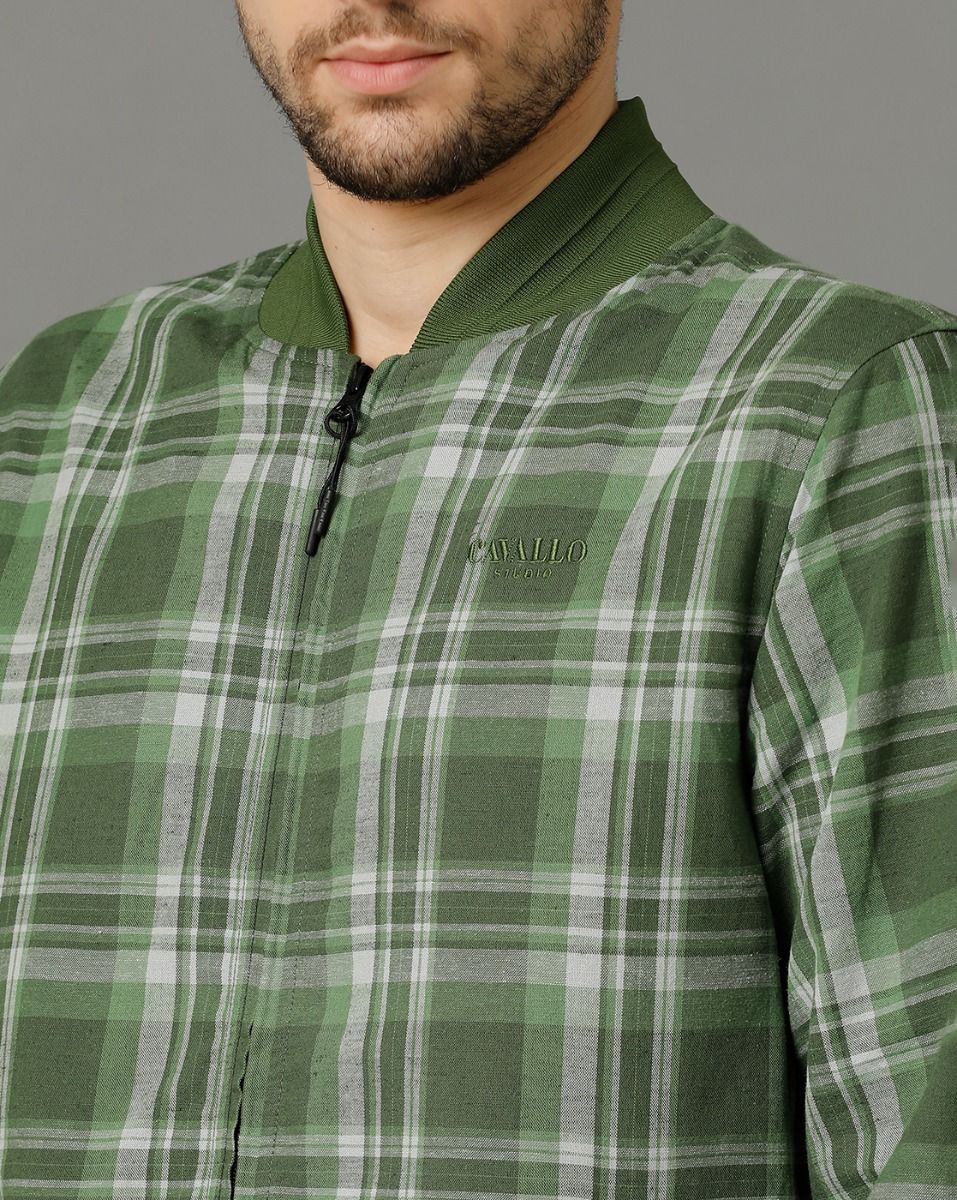 Cavallo by Linen Club Green Checked Full Sleeve Cotton Linen Jacket for Men