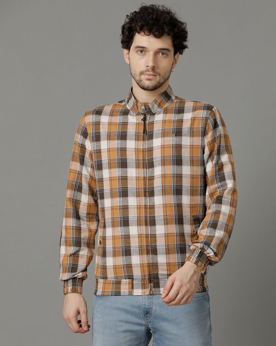 Cavallo by Linen Club Brown Checked Full Sleeve Cotton Linen Jacket for Men