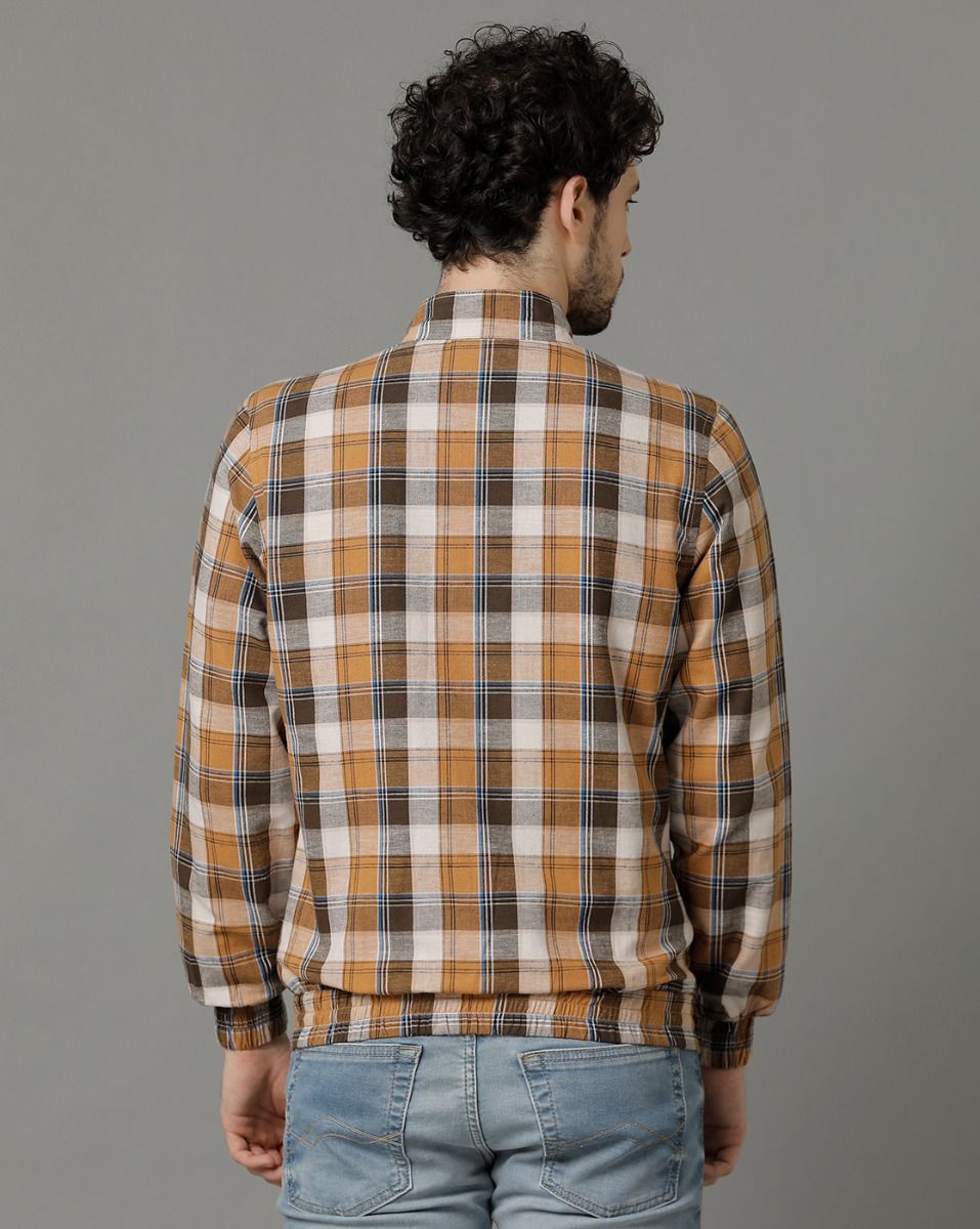 Cavallo by Linen Club Brown Checked Full Sleeve Cotton Linen Jacket for Men