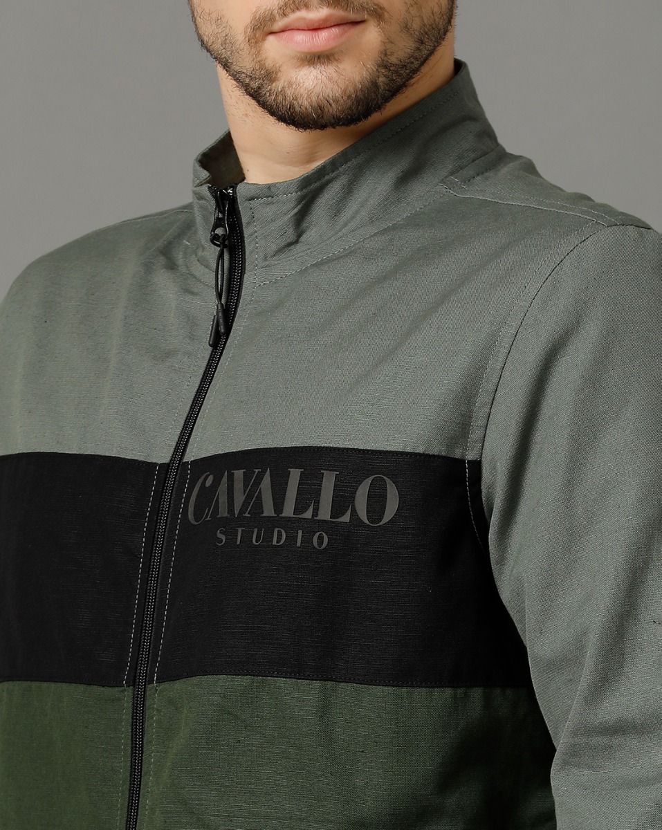 Cavallo by Linen Club Green Colour Blocked Full Sleeve Cotton Linen Jacket for Men