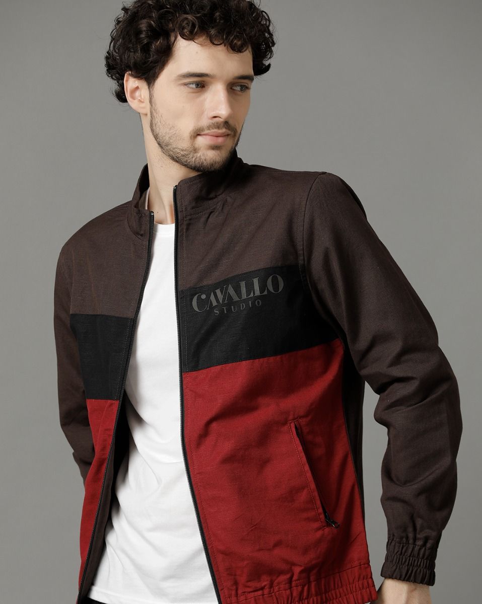 Cavallo by Linen Club Brown Colour Blocked Full Sleeve Cotton Linen Jacket for Men