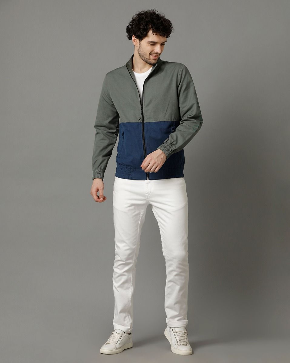 Cavallo by Linen Club Green Colour Blocked Full Sleeve Cotton Linen Jacket for Men