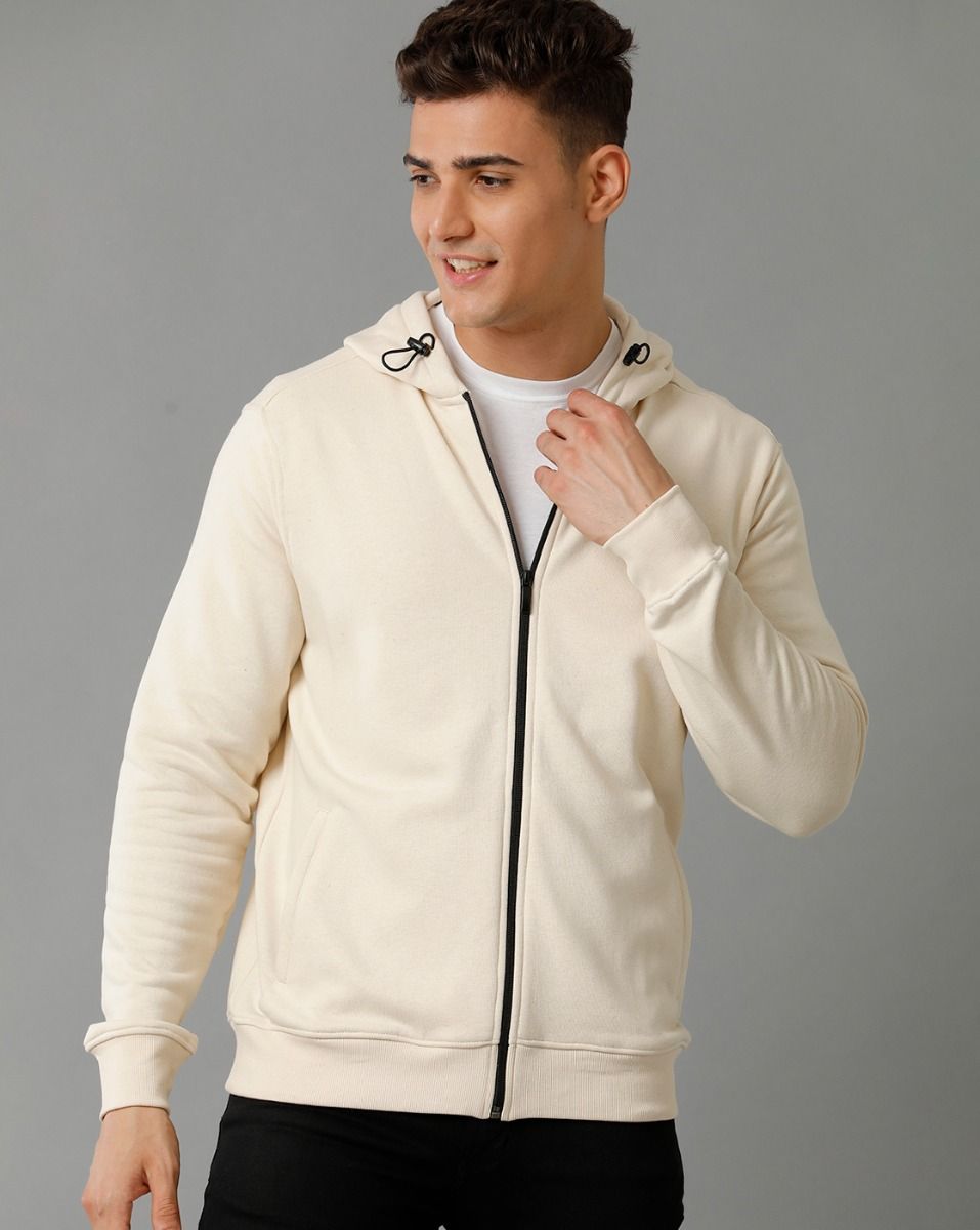 Cavallo By Linen Club Men's Knitted Cotton Linen Off White Solid Hoodie Jacket