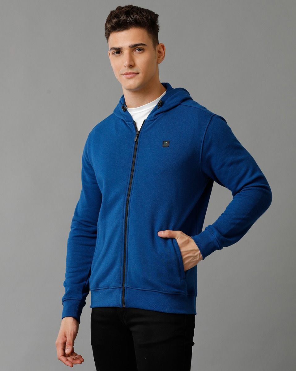 Cavallo By Linen Club Men's Knitted Cotton Linen Blue Solid Hoodie Jacket