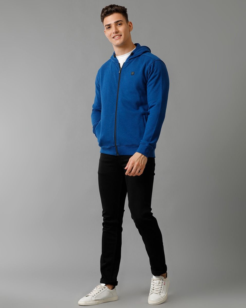 Cavallo By Linen Club Men's Knitted Cotton Linen Blue Solid Hoodie Jacket