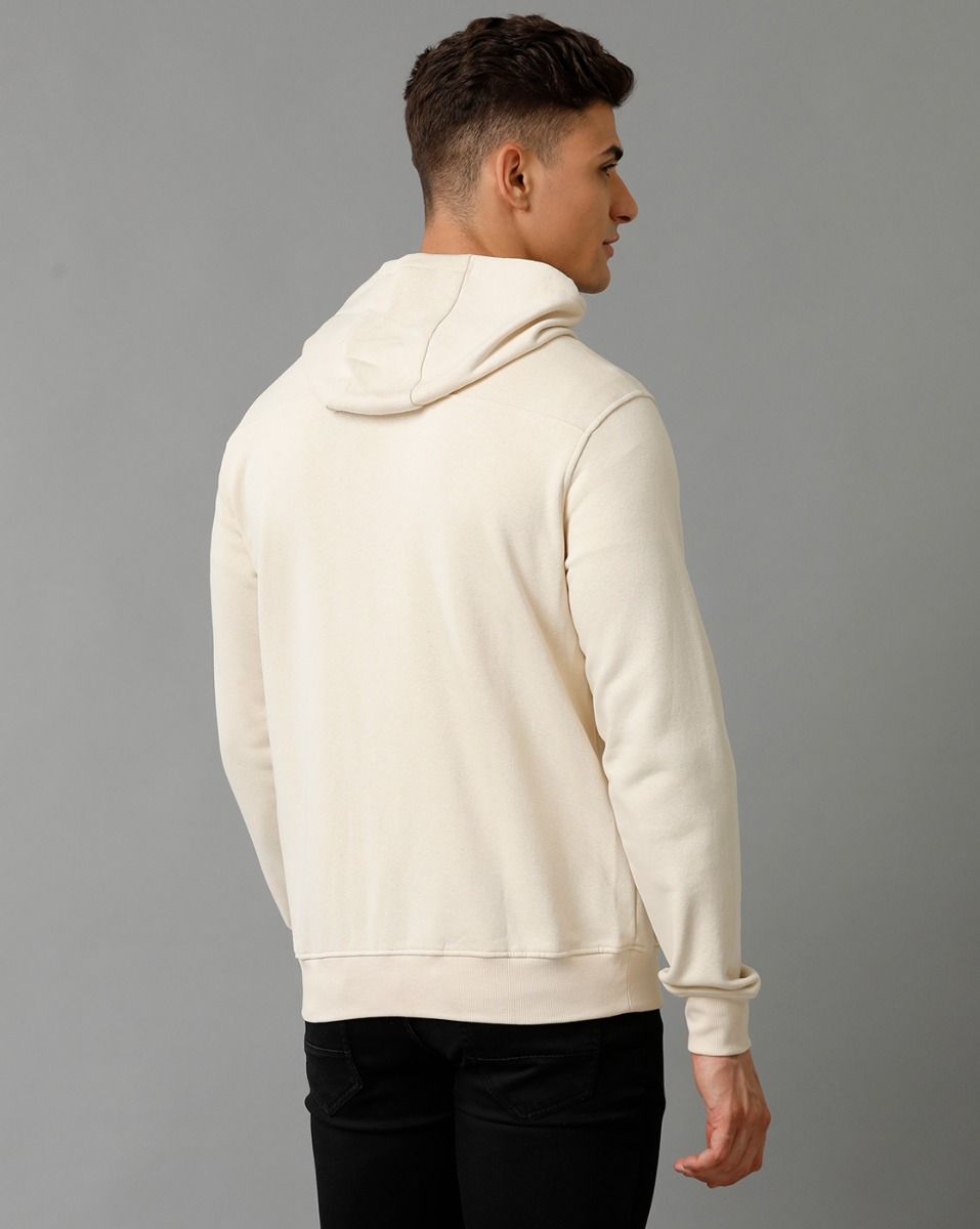 Cavallo By Linen Club Men's Knitted Cotton Linen Off White Solid Hoodie Jacket