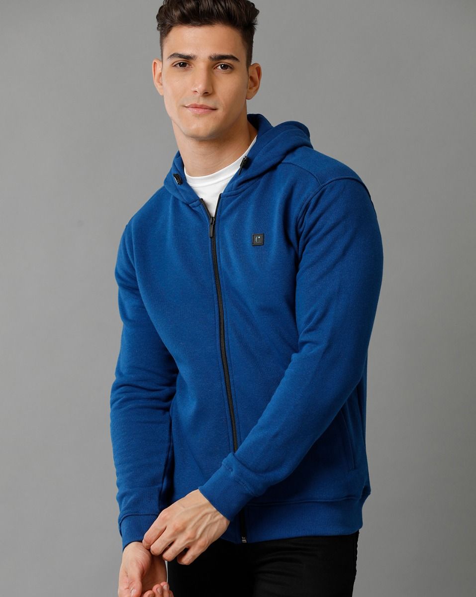 Cavallo By Linen Club Men's Knitted Cotton Linen Blue Solid Hoodie Jacket