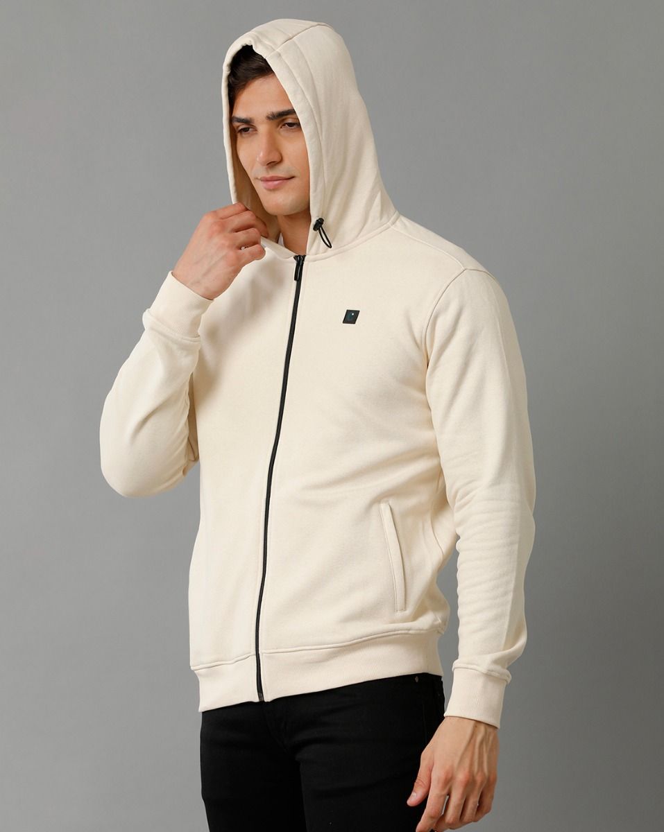 Cavallo By Linen Club Men's Knitted Cotton Linen Off White Solid Hoodie Jacket