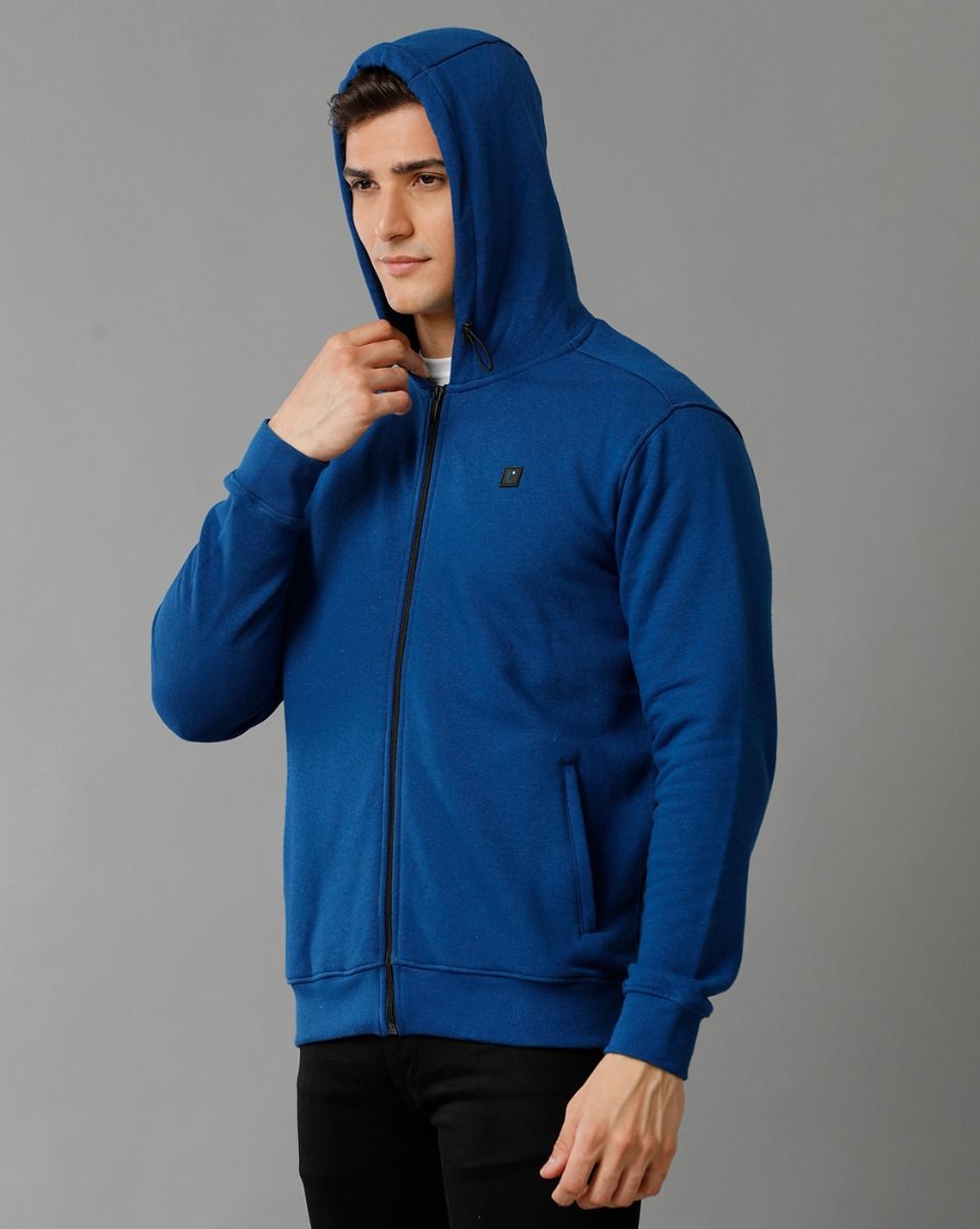 Cavallo By Linen Club Men's Knitted Cotton Linen Blue Solid Hoodie Jacket