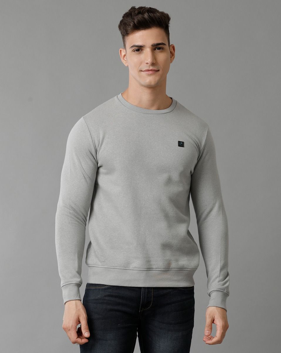 Cavallo By Linen Club Men's Knitted Cotton Linen Grey Solid Crew Neck Sweatshirt