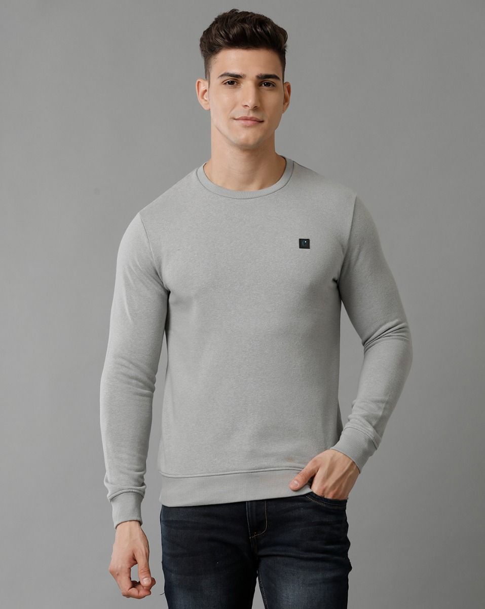 Cavallo By Linen Club Men's Knitted Cotton Linen Grey Solid Crew Neck Sweatshirt