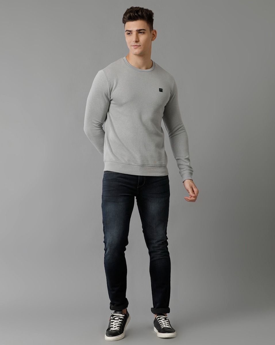 Cavallo By Linen Club Men's Knitted Cotton Linen Grey Solid Crew Neck Sweatshirt