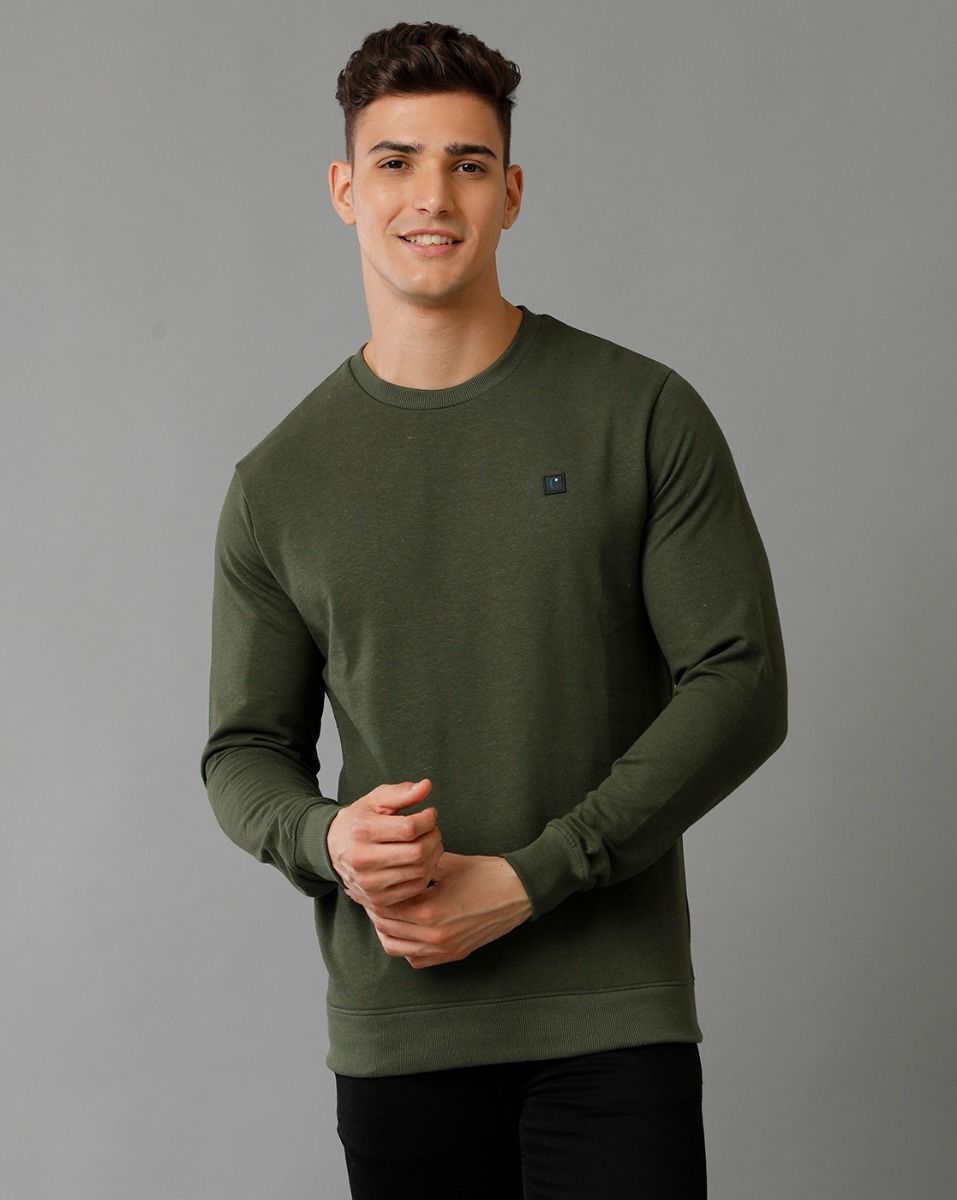 Cavallo By Linen Club Men's Knitted Cotton Linen Green Solid Crew Neck Sweatshirt