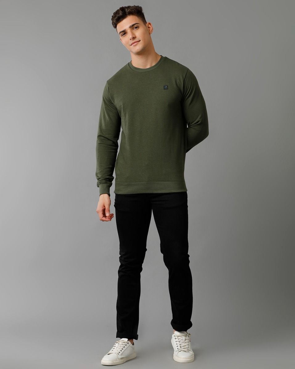 Cavallo By Linen Club Men's Knitted Cotton Linen Green Solid Crew Neck Sweatshirt