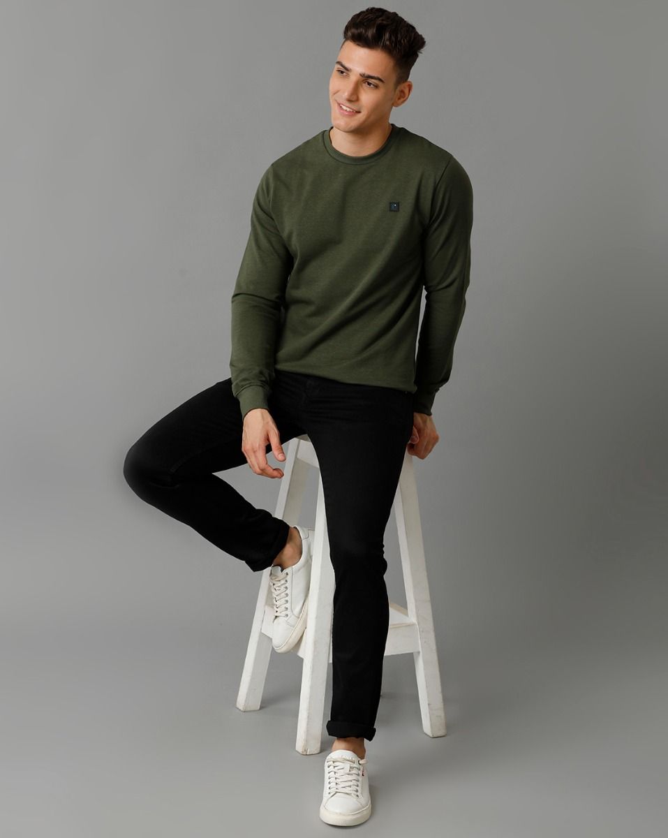 Cavallo By Linen Club Men's Knitted Cotton Linen Green Solid Crew Neck Sweatshirt