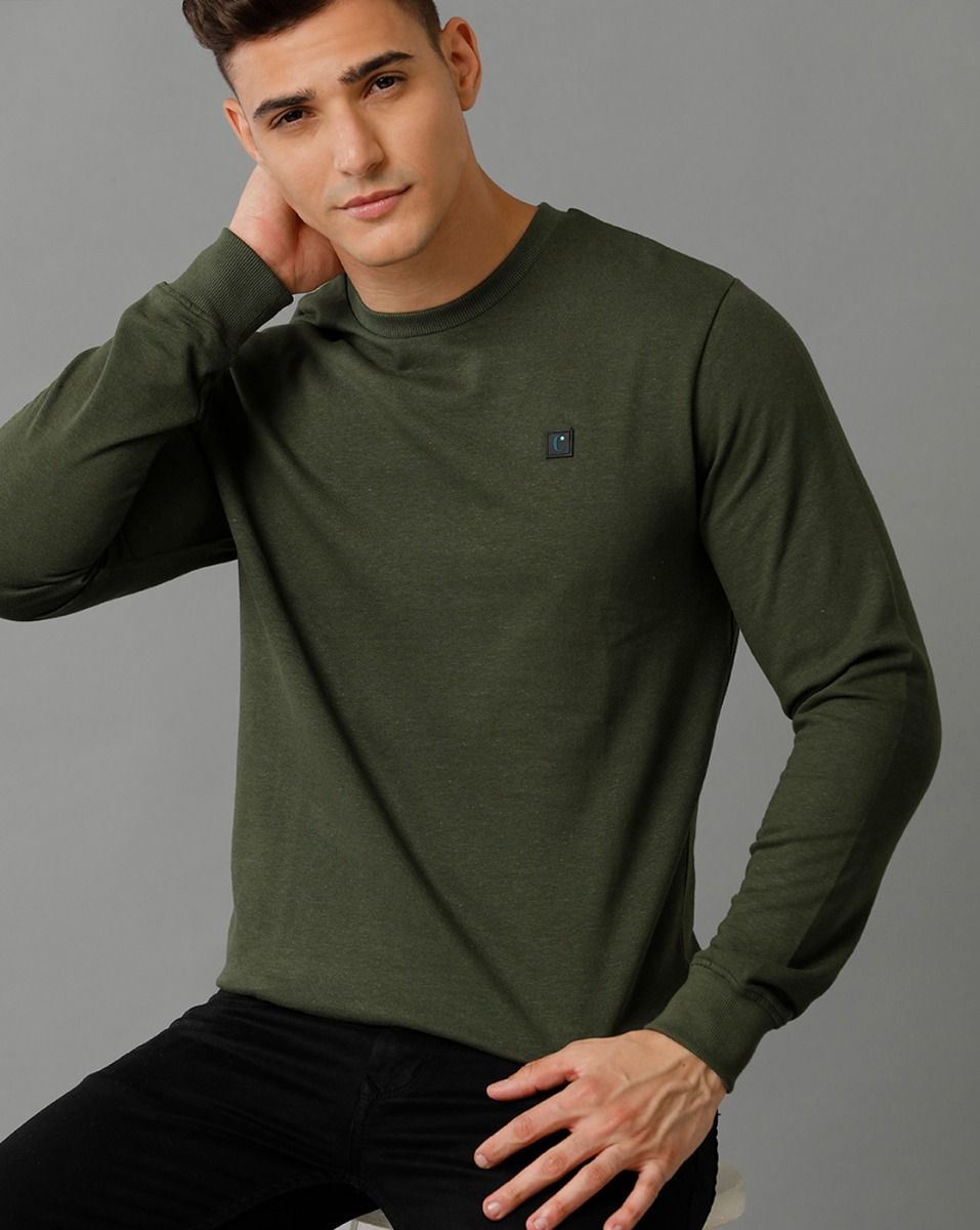 Cavallo By Linen Club Men's Knitted Cotton Linen Green Solid Crew Neck Sweatshirt