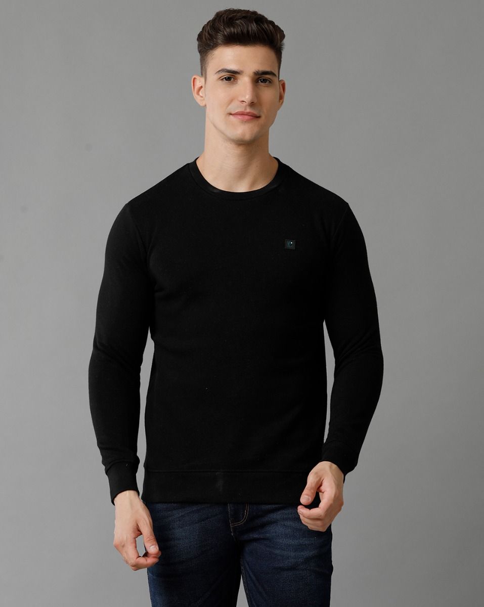 Cavallo By Linen Club Men's Knitted Cotton Linen Black Solid Crew Neck Sweatshirt