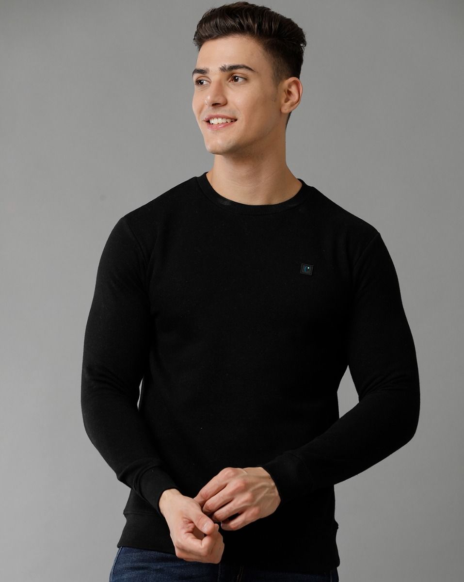 Cavallo By Linen Club Men's Knitted Cotton Linen Black Solid Crew Neck Sweatshirt