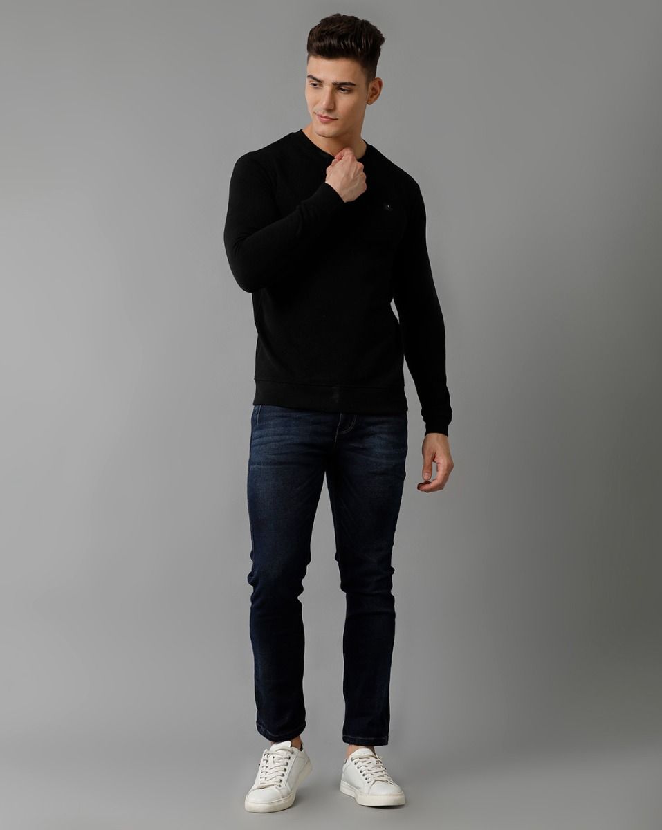 Cavallo By Linen Club Men's Knitted Cotton Linen Black Solid Crew Neck Sweatshirt